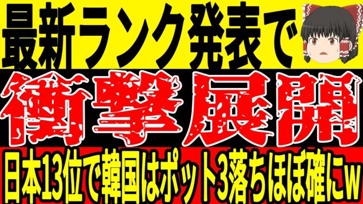 【サッカー日本代表】最新FIFAランクで韓国が日本に敗戦でポット3落ちがほぼ確に…そしてあるランキングで日本が13位に！【ゆっくりサッカー/海外の反応/ワールドカップ】