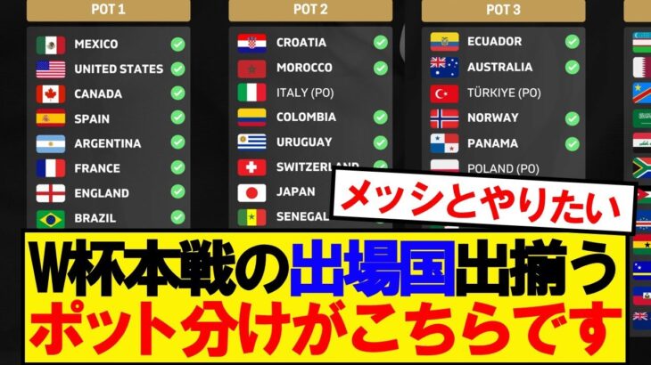 【速報】2026年ワールドカップ、現時点でのポット分けがこちらwwwww
